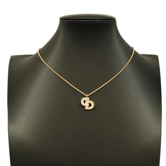 CHRISTIAN DIOR Necklace CD Logo Rhinestone GP Plated Gold Ladies - Picture 7 of 9